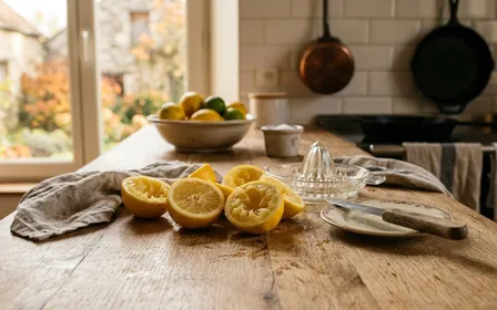 Plan de travail cuisine française contemporaine en bois clair avec moitiés de citron jaune pressées retournées côté chair sur la surface en fin d'après-midi d'automne, ambiance sobre lumière naturelle documentaire aucun humain ni insecte visible plan macro rapproché
