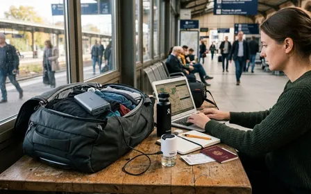 Bureau de voyage français contemporain avec sac à dos ouvert et petit écran anti-moustiques USB blanc branché sur une power bank portable en fin de matinée d'automne, ambiance sobre lumière naturelle documentaire aucun humain ni insecte visible plan macro rapproché