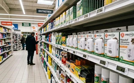 Rayon supermarché français contemporain avec boîtiers blancs de répulsifs rongeurs à ultrasons alignés sur étagères blanches sous éclairage LED en fin de matinée, ambiance sobre lumière artificielle documentaire aucun humain visible plan large horizontal