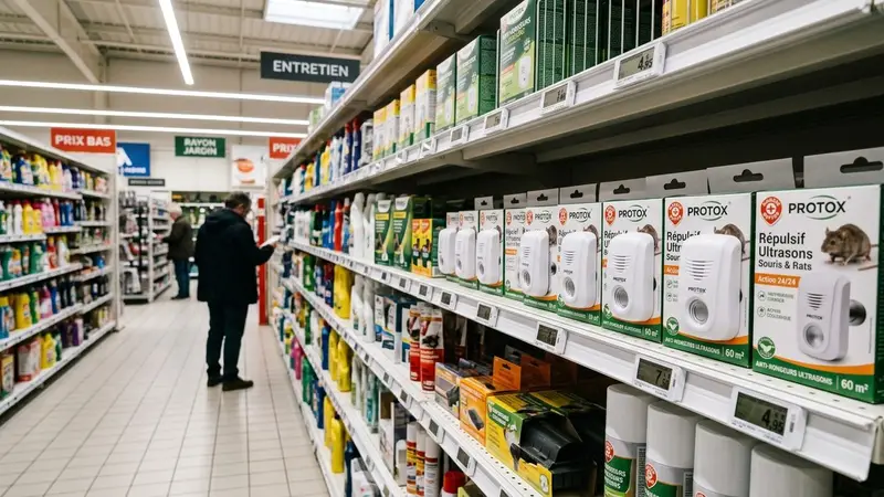 Rayon supermarché français contemporain avec boîtiers blancs de répulsifs rongeurs à ultrasons alignés sur étagères blanches sous éclairage LED en fin de matinée, ambiance sobre lumière artificielle documentaire aucun humain visible plan large horizontal