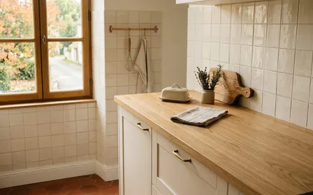 Coin de cuisine française contemporaine en carrelage clair avec plinthe blanche propre et plan de travail en bois clair dégagé en début de matinée d'automne, ambiance sobre lumière naturelle documentaire aucun humain ni insecte visible plan macro rapproché