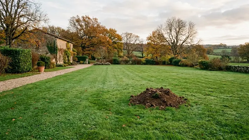 Pelouse française contemporaine rase bien entretenue avec une taupinière de terre brune fraîche au milieu de l'herbe verte en fin d'après-midi d'automne, ambiance sobre lumière naturelle documentaire aucun humain ni animal visible plan macro rapproché