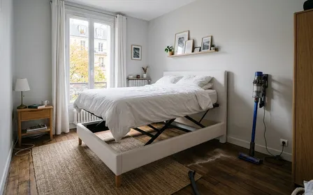 Chambre à coucher française contemporaine avec lit blanc levé contre un mur pour nettoyage et aspirateur balai posé à côté en début de matinée d'automne, ambiance sobre lumière naturelle documentaire aucun humain ni insecte visible plan large horizontal