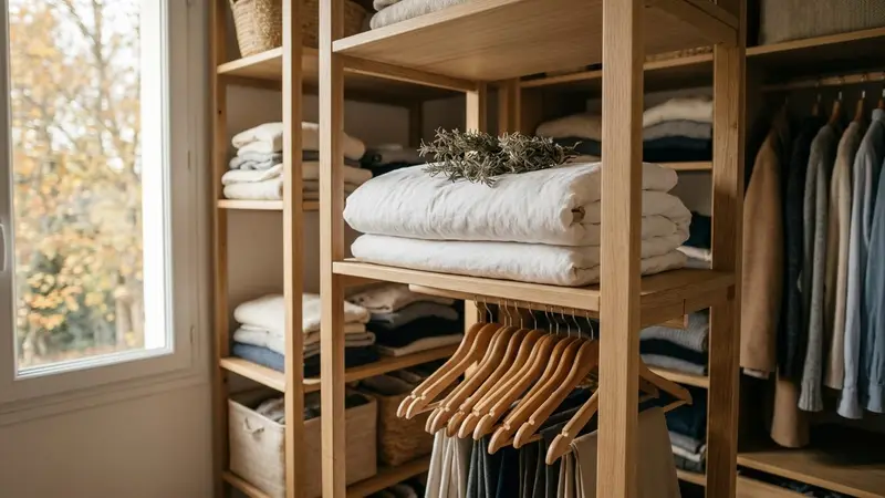 Dressing familial français contemporain en bois clair avec couette blanche pliée sur étagère et branches de romarin séché gris-vert disposées dessus en fin d'après-midi d'automne, ambiance sobre lumière naturelle documentaire aucun humain ni insecte visible plan macro rapproché