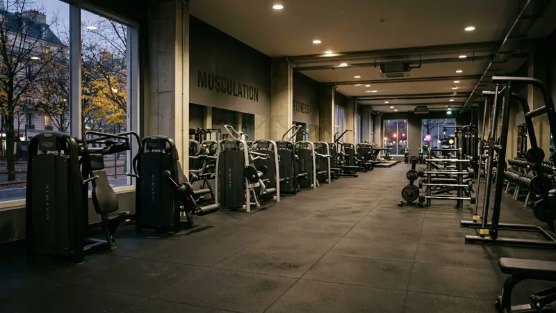 Salle de sport française contemporaine avec machines de musculation alignées et sol en caoutchouc noir en fin d'après-midi d'automne, ambiance sobre lumière artificielle documentaire aucun humain visible plan large horizontal