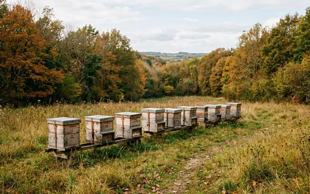 Rucher amateur français d'automne avec plusieurs ruches en bois clair alignées dans une clairière herbeuse en fin de matinée fraîche, ambiance sobre lumière naturelle documentaire aucun humain ni insecte visible plan large horizontal
