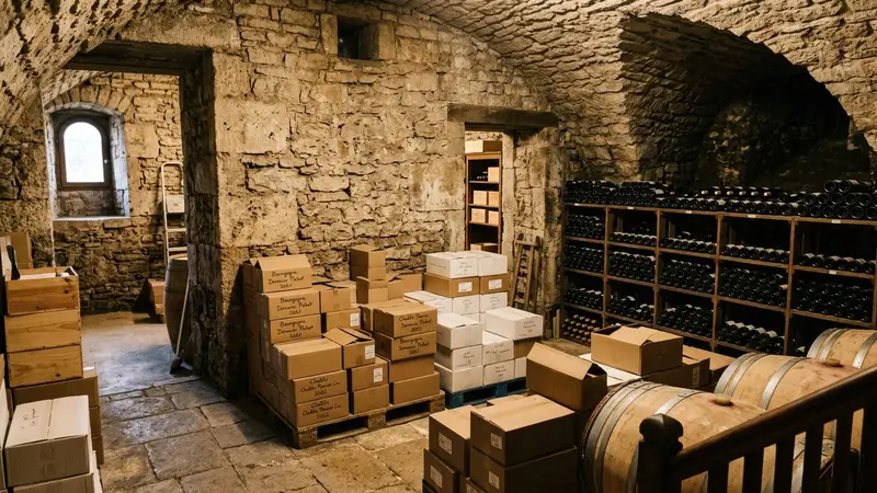Cave française contemporaine en pierre claire avec mur brut apparent et coin de stockage de cartons en début de soirée d'automne, ambiance sobre lumière naturelle documentaire aucun humain ni rongeur visible plan large horizontal