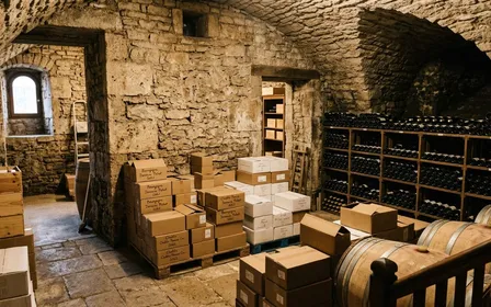 Cave française contemporaine en pierre claire avec mur brut apparent et coin de stockage de cartons en début de soirée d'automne, ambiance sobre lumière naturelle documentaire aucun humain ni rongeur visible plan large horizontal