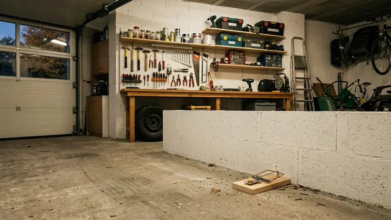 Angle de garage carrelé d'une maison française contemporaine avec piège tapette en bois à appât beurre de cacahuète posé le long d'une plinthe blanche en fin de matinée d'automne, ambiance sobre lumière naturelle documentaire aucun humain ni animal visible plan rapproché