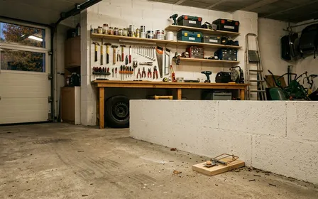 Angle de garage carrelé d'une maison française contemporaine avec piège tapette en bois à appât beurre de cacahuète posé le long d'une plinthe blanche en fin de matinée d'automne, ambiance sobre lumière naturelle documentaire aucun humain ni animal visible plan rapproché