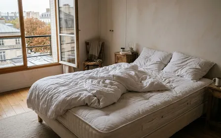 Coin de matelas blanc d'un lit de chambre française contemporaine avec couture noire visible et petit groupe de points noirs sombres de 1 à 2 millimètres caractéristiques en début de matinée, ambiance sobre lumière naturelle documentaire aucun humain ni animal visible plan macro rapproché
