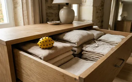 Tiroir d'armoire en bois clair d'une chambre française contemporaine entrouvert avec un demi-citron jaune piqué de clous de girofle bruns posé sur une pile de pulls en laine beige pliés en début de matinée d'automne, ambiance sobre lumière naturelle documentaire aucun humain ni animal visible plan rapproché