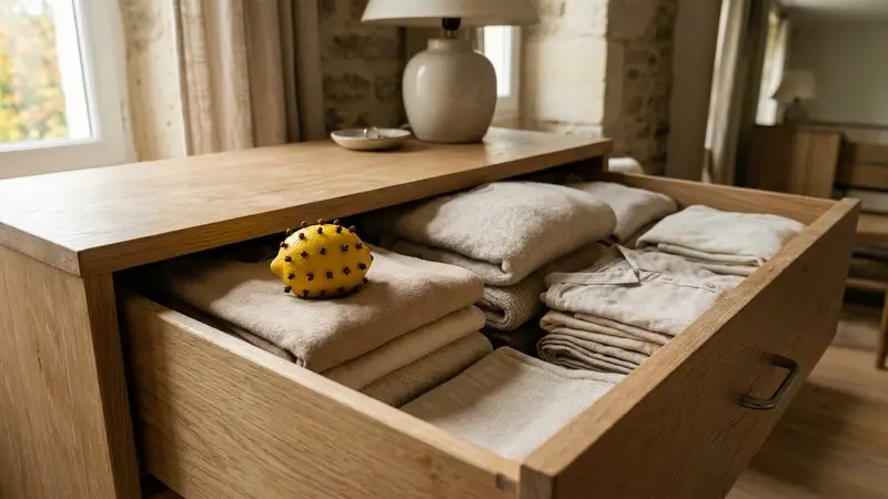 Tiroir d'armoire en bois clair d'une chambre française contemporaine entrouvert avec un demi-citron jaune piqué de clous de girofle bruns posé sur une pile de pulls en laine beige pliés en début de matinée d'automne, ambiance sobre lumière naturelle documentaire aucun humain ni animal visible plan rapproché