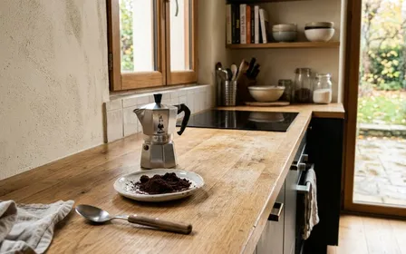 Plan de travail de cuisine française contemporaine en bois clair avec petite soucoupe blanche remplie de marc de café humide brun foncé posée près du socle d'un pot de basilic en terre cuite, ambiance sobre lumière naturelle d'automne, aucun humain ni animal visible, plan macro rapproché