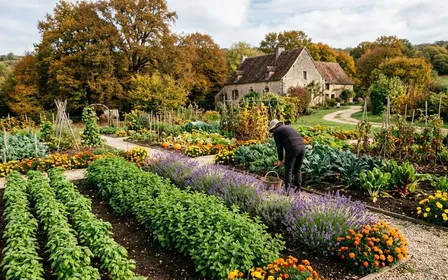 Potager carré bio contemporain d'un jardin familial français en fin d'été avec rangs mêlés de basilic, lavande, œillets d'Inde orange et souci jaune en pleine floraison, ambiance sobre lumière naturelle documentaire aucun humain visible plan large horizontal