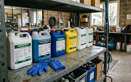 Rayonnage de magasin de jardinerie française contemporain avec boîtes neutres de rodenticides et insecticides biocides alignées et étiquette d'ambiance de rayon en fin de matinée, ambiance sobre lumière naturelle documentaire aucun humain visible plan large horizontal
