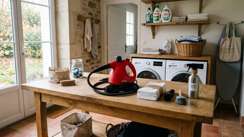 Buanderie française contemporaine avec nettoyeur vapeur portatif rouge posé sur une table en bois clair et accessoires de nettoyage alignés à côté en fin de matinée d'automne, ambiance sobre lumière naturelle documentaire aucun humain visible plan large horizontal