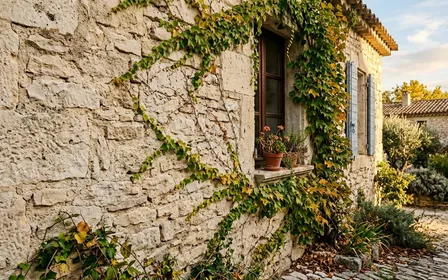Mur extérieur en pierre calcaire d'une maison méditerranéenne française en fin d'après-midi d'automne avec un petit lézard des murailles immobile sur une pierre chaude, ambiance sobre lumière naturelle documentaire aucun humain visible plan rapproché horizontal