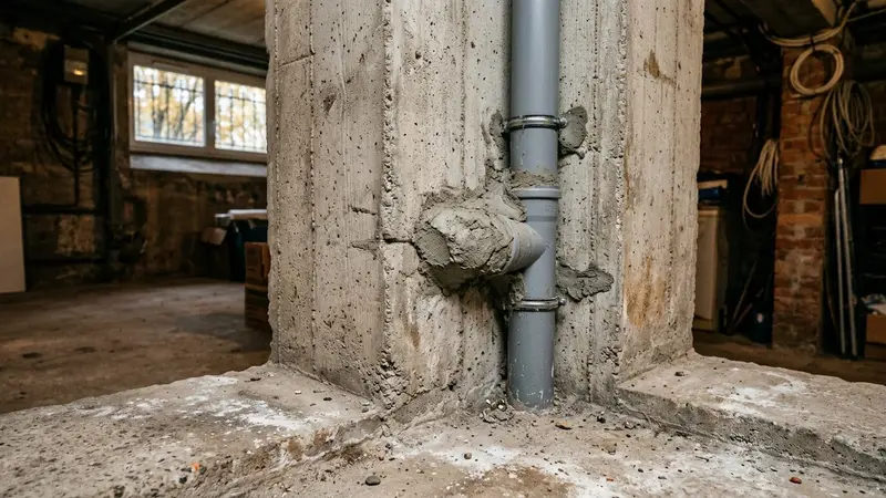 Mur de cave en béton gris d'une maison française contemporaine avec gaine PVC blanche attaquée de traces d'incisives et poussière de plastique au sol en début de matinée, ambiance sobre lumière naturelle documentaire aucun humain ni animal visible plan rapproché