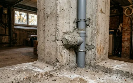 Mur de cave en béton gris d'une maison française contemporaine avec gaine PVC blanche attaquée de traces d'incisives et poussière de plastique au sol en début de matinée, ambiance sobre lumière naturelle documentaire aucun humain ni animal visible plan rapproché