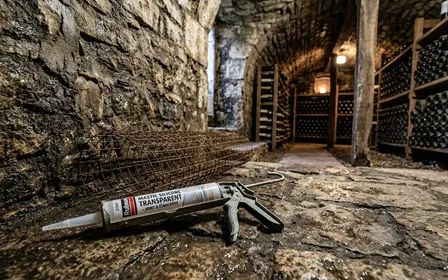 Cave française semi-enterrée avec mur en moellons apparents, pistolet à mastic acrylique chargé d'une cartouche blanche en train d'être appliqué sur une fissure horizontale de plinthe, grille d'aération haute visible, ambiance patrimoniale sobre, lumière d'ampoule tungstène, aucun humain visible, plan serré