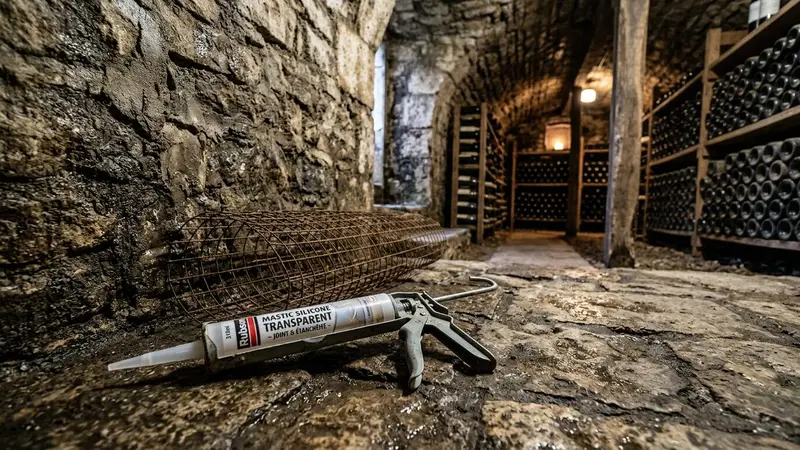 Cave française semi-enterrée avec mur en moellons apparents, pistolet à mastic acrylique chargé d'une cartouche blanche en train d'être appliqué sur une fissure horizontale de plinthe, grille d'aération haute visible, ambiance patrimoniale sobre, lumière d'ampoule tungstène, aucun humain visible, plan serré