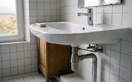 Salle de bain française contemporaine en carrelage blanc avec receveur de douche fermé, bonde en acier chromé propre, bouteille de vinaigre blanc et boîte de bicarbonate posées sur le rebord du lavabo, ambiance sobre lumière naturelle d'automne, aucun humain ni animal visible, plan serré