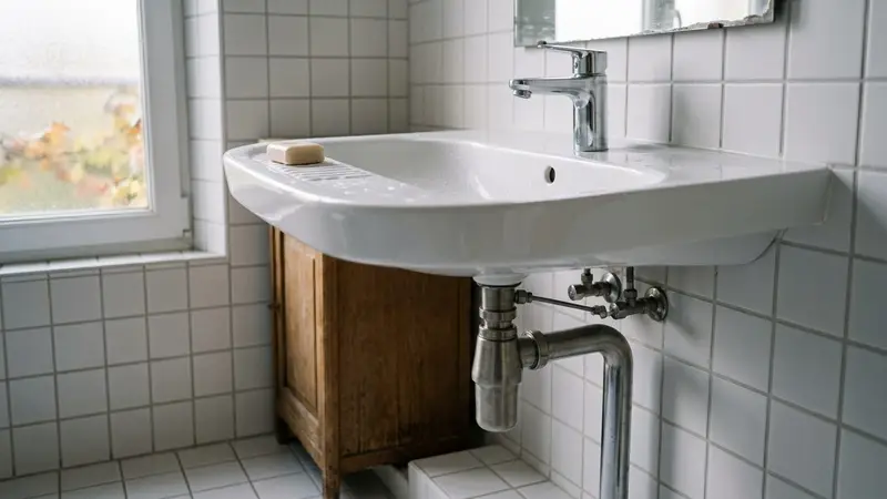 Salle de bain française contemporaine en carrelage blanc avec receveur de douche fermé, bonde en acier chromé propre, bouteille de vinaigre blanc et boîte de bicarbonate posées sur le rebord du lavabo, ambiance sobre lumière naturelle d'automne, aucun humain ni animal visible, plan serré