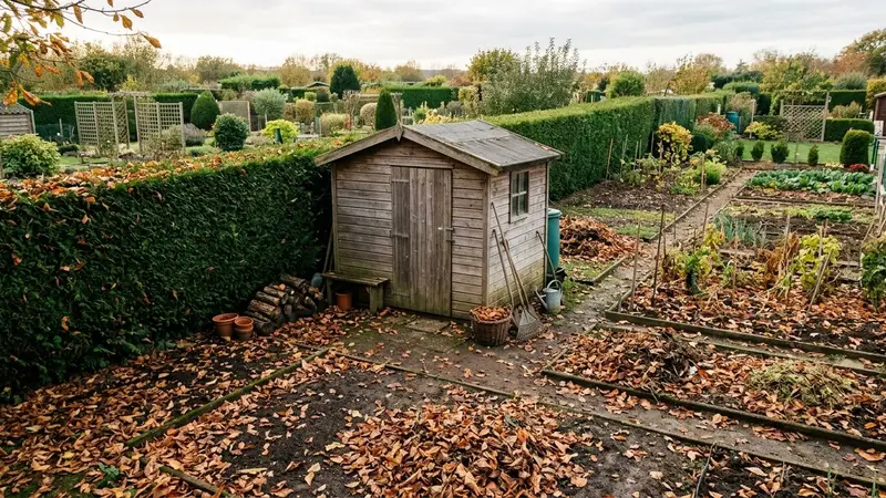 Angle calme d'un jardin français d'automne avec abri rustique en bois non traité posé sous une haie, entrée de 13 par 13 centimètres au ras du sol, tas de feuilles mortes rousses à proximité, ambiance patrimoniale sobre, lumière rasante dorée, aucun humain ni animal visible, plan moyen