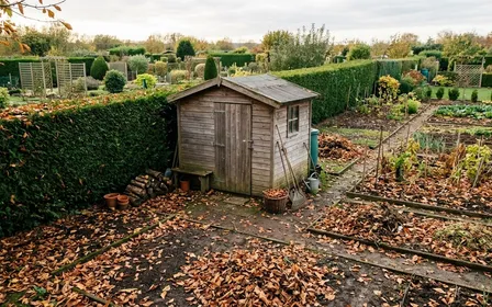 Angle calme d'un jardin français d'automne avec abri rustique en bois non traité posé sous une haie, entrée de 13 par 13 centimètres au ras du sol, tas de feuilles mortes rousses à proximité, ambiance patrimoniale sobre, lumière rasante dorée, aucun humain ni animal visible, plan moyen