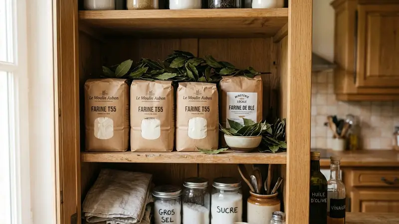 Plan de travail de cuisine française contemporaine en bois clair avec sac en papier kraft rempli de farine partiellement ouvert, deux feuilles de laurier noble séchées vert sombre glissées à l'intérieur, un bocal en verre à côté, ambiance sobre lumière naturelle d'automne, aucun humain ni animal visible, plan macro rapproché