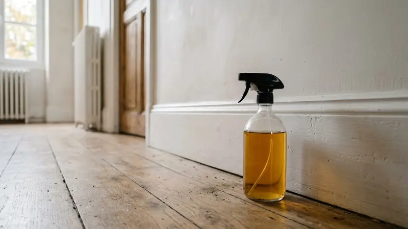 Rebord de fenêtre d'une maison française contemporaine avec plinthe peinte blanche visible, vaporisateur en verre marron rempli d'infusion jaune pâle en train de pulvériser une fine brume sur l'encadrement, bouquet de tanaisie fraîche jaune or sur une table à côté, ambiance sobre lumière rasante d'automne, aucun humain visible, plan serré