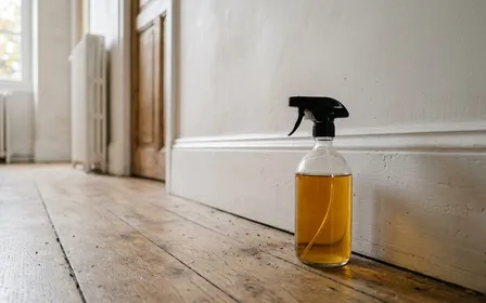 Rebord de fenêtre d'une maison française contemporaine avec plinthe peinte blanche visible, vaporisateur en verre marron rempli d'infusion jaune pâle en train de pulvériser une fine brume sur l'encadrement, bouquet de tanaisie fraîche jaune or sur une table à côté, ambiance sobre lumière rasante d'automne, aucun humain visible, plan serré