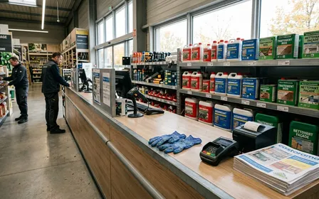 Comptoir d'un magasin de bricolage français avec rayons visibles de produits anti-nuisibles grand public, étiquette d'avertissement ANSES visible sur un emballage, ambiance commerciale sobre, lumière naturelle, aucun humain visible, plan moyen