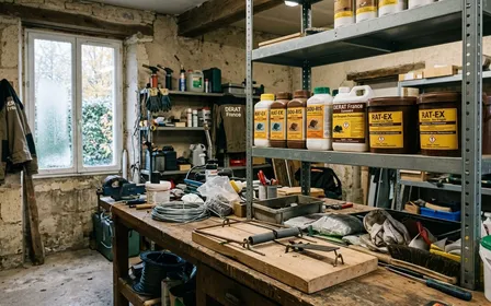 Rayon anti-rongeurs d'un magasin de bricolage français avec boîte-appât rodenticide sécurisée en plastique noir au premier plan, étiquette d'avertissement visible, ambiance commerciale sobre, lumière naturelle, aucun humain visible, plan moyen