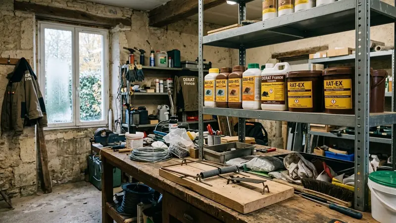 Rayon anti-rongeurs d'un magasin de bricolage français avec boîte-appât rodenticide sécurisée en plastique noir au premier plan, étiquette d'avertissement visible, ambiance commerciale sobre, lumière naturelle, aucun humain visible, plan moyen