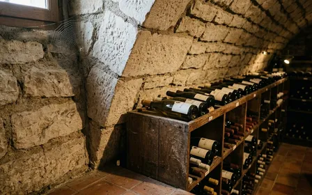 Angle de cave française avec toile fine d'araignée pholque dans un recoin de plafond en pierre, une araignée aux longues pattes fines gris pâle au centre, lumière rasante d'ampoule tungstène, ambiance patrimoniale sobre, aucun humain visible, plan macro rapproché