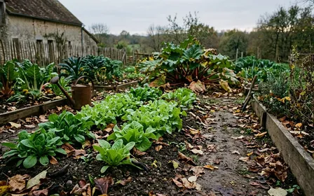 Jardin français d'automne au crépuscule avec parterre de salades, un hérisson d'Europe brun piquant au bord d'une rangée de choux, feuilles rousses éparses au sol, ambiance patrimoniale sobre, lumière rasante dorée, aucun humain visible, plan macro rapproché