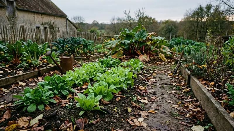 Jardin français d'automne au crépuscule avec parterre de salades, un hérisson d'Europe brun piquant au bord d'une rangée de choux, feuilles rousses éparses au sol, ambiance patrimoniale sobre, lumière rasante dorée, aucun humain visible, plan macro rapproché