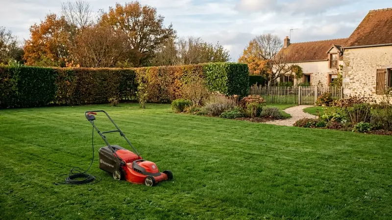 Pelouse de jardin français d'été tard avec tondeuse manuelle à hélice en train de couper l'herbe à 7 cm, bordures désherbées proprement, douche extérieure visible au fond avec serviette blanche pliée sur un banc en bois, ambiance patrimoniale lumineuse, aucun humain visible, plan moyen en légère plongée