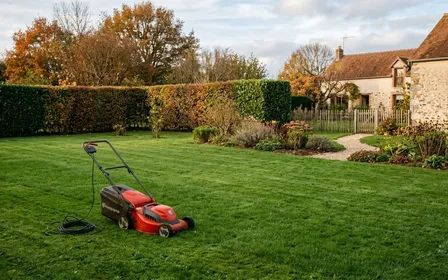 Pelouse de jardin français d'été tard avec tondeuse manuelle à hélice en train de couper l'herbe à 7 cm, bordures désherbées proprement, douche extérieure visible au fond avec serviette blanche pliée sur un banc en bois, ambiance patrimoniale lumineuse, aucun humain visible, plan moyen en légère plongée