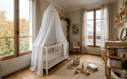Chambre d'enfant française contemporaine avec berceau en bois clair naturel, moustiquaire baldaquin blanche fine suspendue par un crochet au plafond blanc, voilage retombant largement autour sans toucher le matelas, lumière douce du matin à travers une fenêtre, ambiance patrimoniale sobre, aucun humain ni animal visible, plan moyen