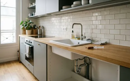 Cuisine d'appartement français contemporain avec plan de travail en inox impeccablement propre, siphon d'évier siliconé visible, carnet de suivi A5 ouvert à côté d'une seringue d'appât gel contre un plinthe, lampe de poche LED posée près, ambiance patrimoniale lumineuse, aucun humain visible, plan serré en légère plongée