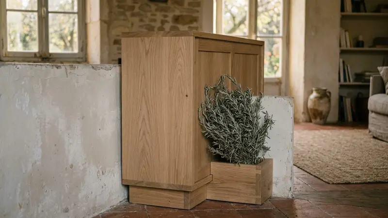 Angle de salon d'une maison française contemporaine avec arrière de buffet en bois clair visible, bouquet de romarin séché noué à la ficelle de jute brute posé contre la plinthe peinte blanche, parquet en chêne ancien, lumière rasante dorée du matin, ambiance patrimoniale sobre, aucun humain ni animal visible, plan serré