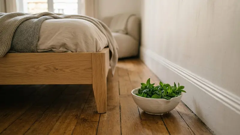 Chambre à coucher française contemporaine avec pied de lit en bois clair visible, petite coupelle en céramique blanche contenant un bouquet de feuilles de menthe fraîche verte vive, parquet en chêne clair ancien, lumière douce du matin filtrée par un rideau en lin, ambiance patrimoniale sobre, aucun humain visible, plan serré en légère plongée
