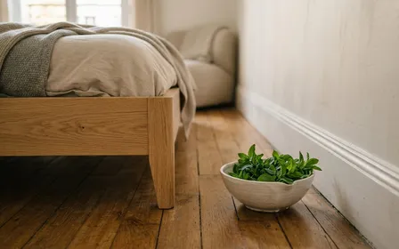 Chambre à coucher française contemporaine avec pied de lit en bois clair visible, petite coupelle en céramique blanche contenant un bouquet de feuilles de menthe fraîche verte vive, parquet en chêne clair ancien, lumière douce du matin filtrée par un rideau en lin, ambiance patrimoniale sobre, aucun humain visible, plan serré en légère plongée