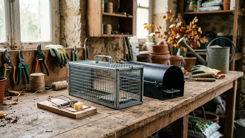 Potager français d'automne avec quatre pièges mécaniques alignés sur un établi en bois en bordure, tapette classique en bois, boîte à chatière métallique, piège tunnel en PVC gris, piège à bascule en plastique rouge, étiquettes manuscrites discrètes, ambiance patrimoniale lumineuse, aucun humain ni animal visible, plan serré en légère plongée