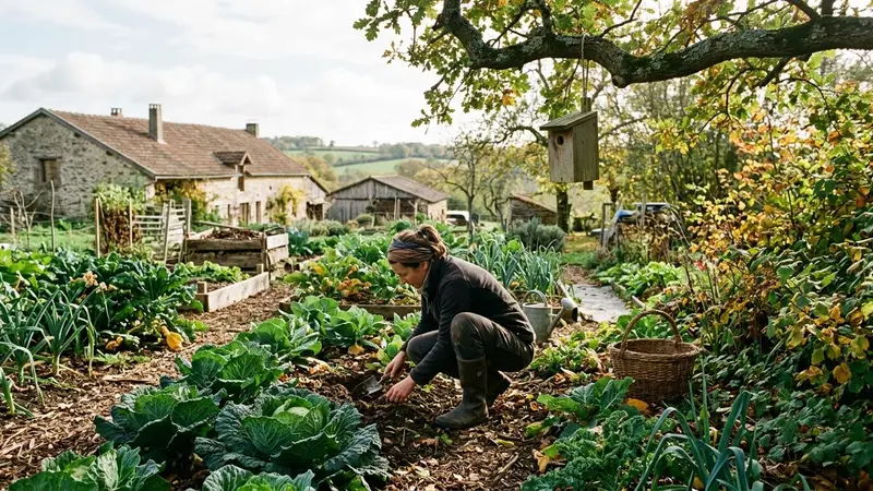 Jardin français d'automne lumineux avec potager mixte, mésange charbonnière posée sur un piquet de tomate, carabe doré en déplacement au sol près d'une motte, feuille de chou dévorée en bordure, nichoir en bois non traité fixé à un pommier, ambiance patrimoniale lumineuse, aucun humain visible, plan moyen