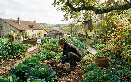 Jardin français d'automne lumineux avec potager mixte, mésange charbonnière posée sur un piquet de tomate, carabe doré en déplacement au sol près d'une motte, feuille de chou dévorée en bordure, nichoir en bois non traité fixé à un pommier, ambiance patrimoniale lumineuse, aucun humain visible, plan moyen