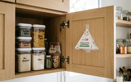 Placard de cuisine française contemporaine ouvert avec étagère en bois clair, cinq pièges à phéromones disposés en ligne (triangle en carton beige, boîtier confusion sexuelle gris, piège massif cylindrique blanc, bande adhésive transparente, piège de surveillance jaune), bocaux de céréales en verre fermés à côté, ambiance patrimoniale lumineuse, aucun humain visible, plan serré